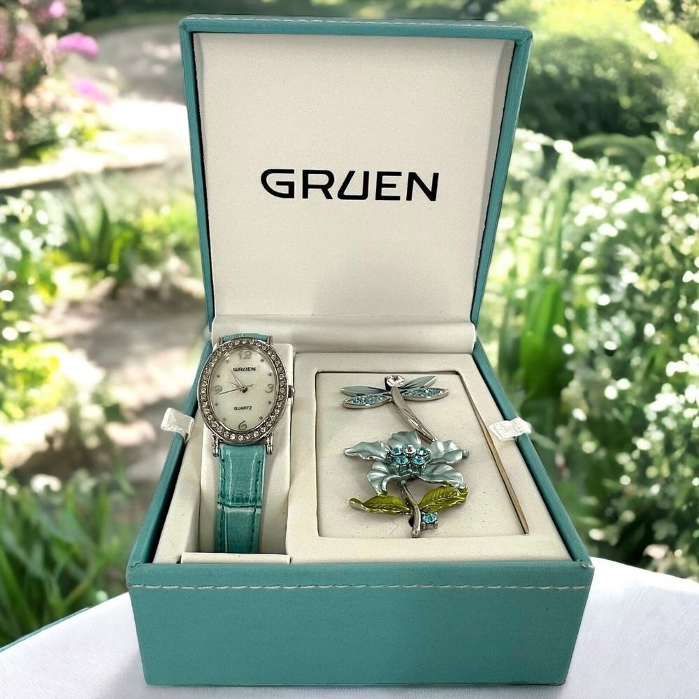 NEW Gruen Aqua Blue Watch & Pins Boxed Set Dragonfly Flower